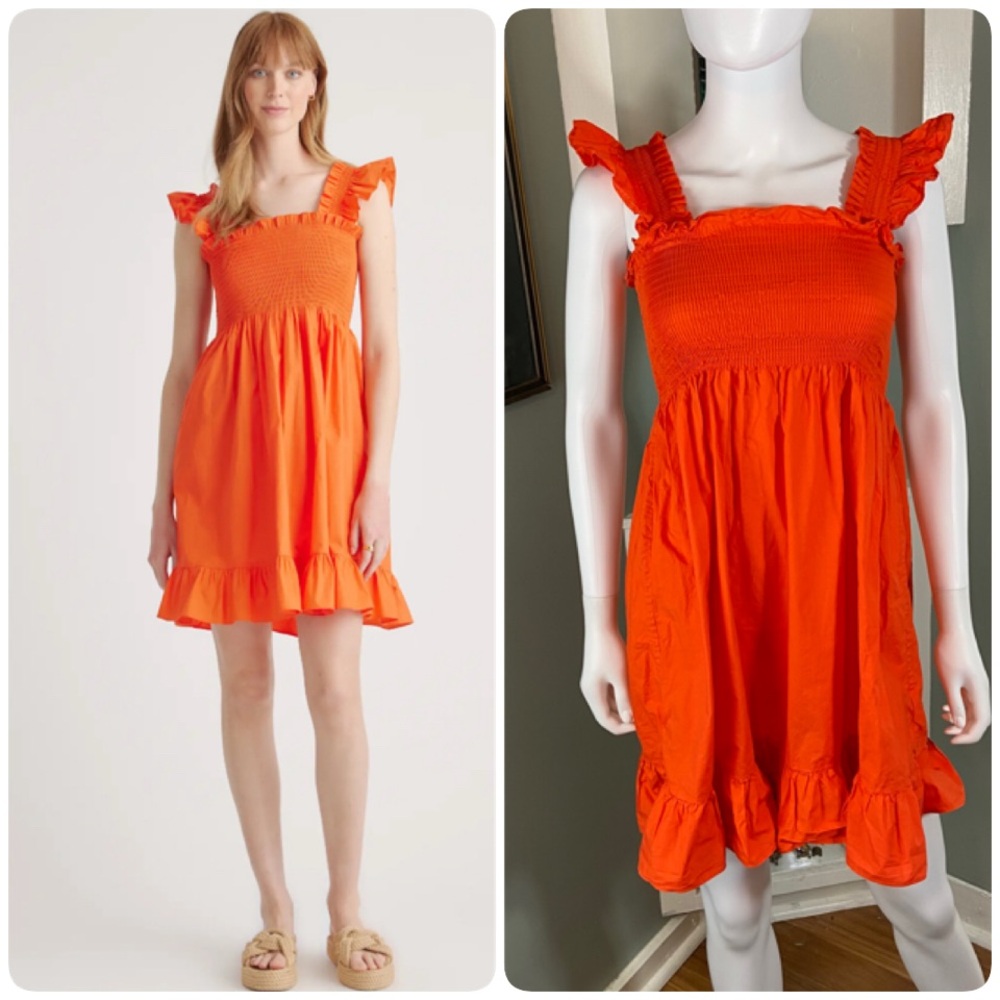 Quince Organic Cotton Poplin Orange Smocked Sun Dress Mini Ruffle sundress XS